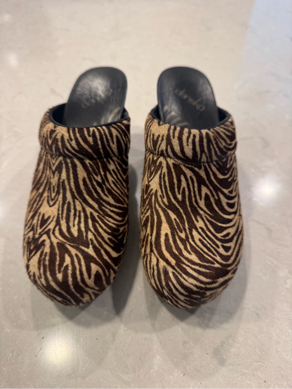 Dansko Rae Calf Hair Heeled Mules Brown and Cream Zebra-Print Clogs - Picture 3 of 8